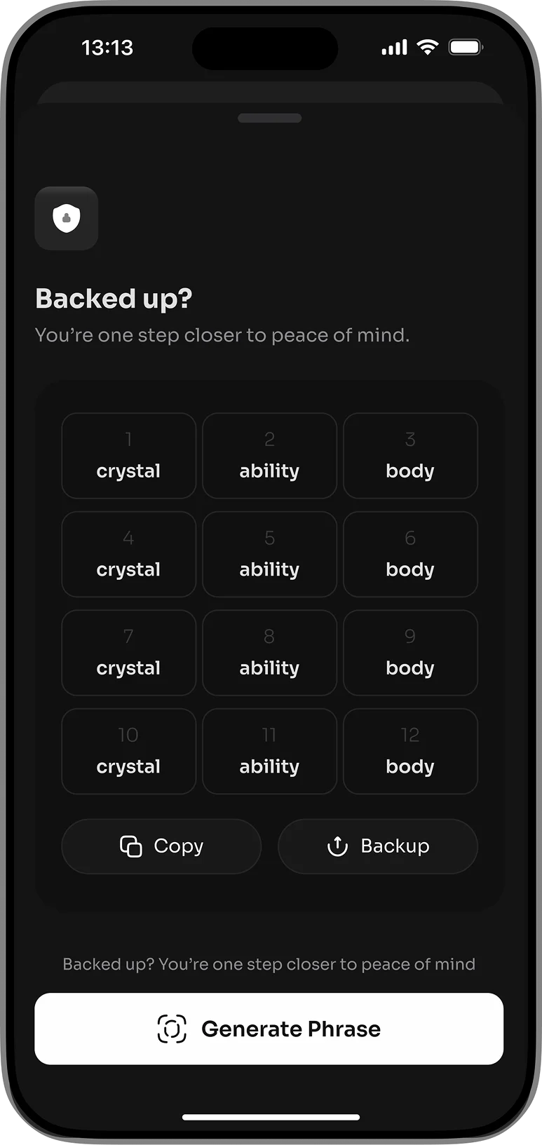 Dacryp wallet backup screen